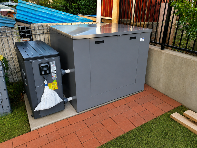 Acoustic enclosure installed for pool equipment noise reduction and system protection